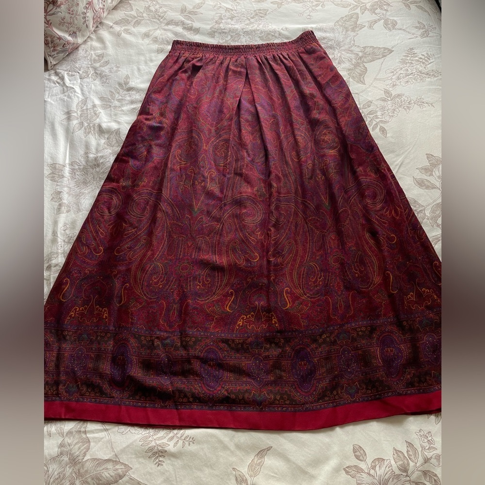 Vintage Rayon Wool Pull On Red Paisley Pleated Midi Skirt 14‎ Fairy Cottagecore